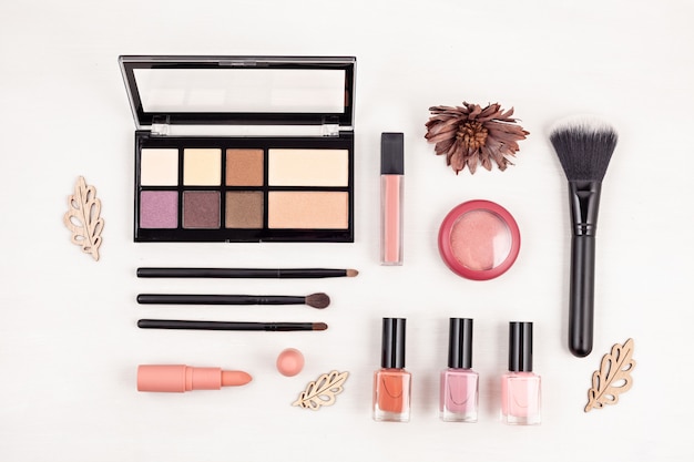 makeup cosmetic products, flat lay, top view. 