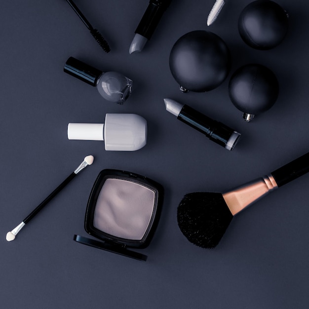 Makeup and cosmetics product set for beauty brand Christmas sale promotion luxury black flatlay background as holiday design