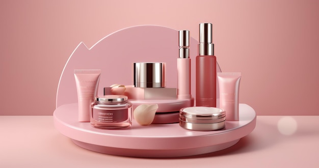 Makeup cosmetics and products mockup pink background Generative AI