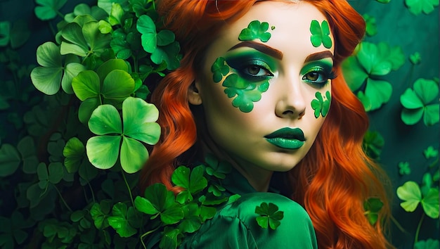 Makeup and hairstyle of a young woman in green with clover leaves for St Patricks Day Closeup beauty portrait AI generated