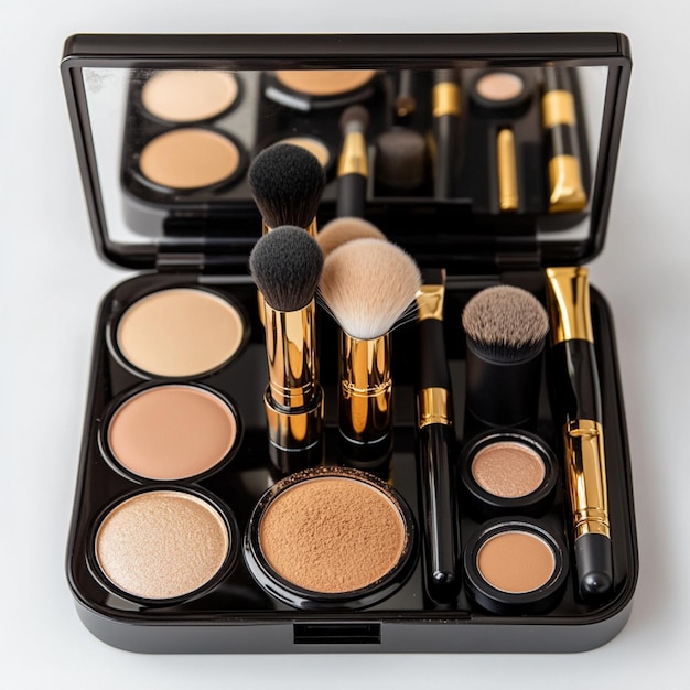 Photo a makeup kit featuring a range of products including foundation powders and brushes