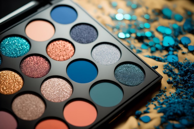 Makeup palette with glitter closeup on a blurry background Professional cosmetics for women makeup palette of different colors and shades