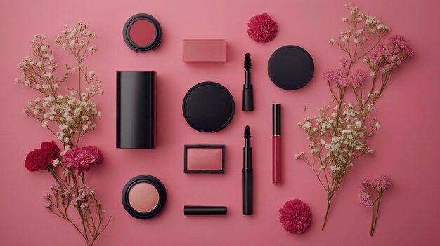 Photo makeup products on pink background