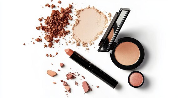 Makeup Products Spilled on White Background