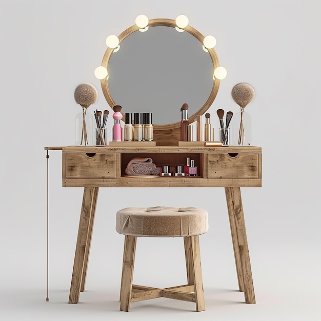 Makeup Vanity with White Background and Natural Wood