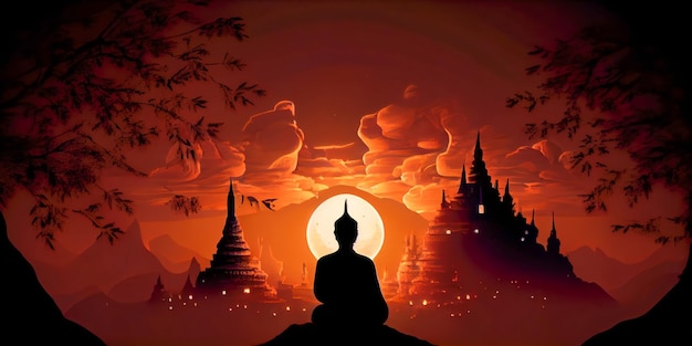 Makha bucha day monk meditating at sunset Ia generative