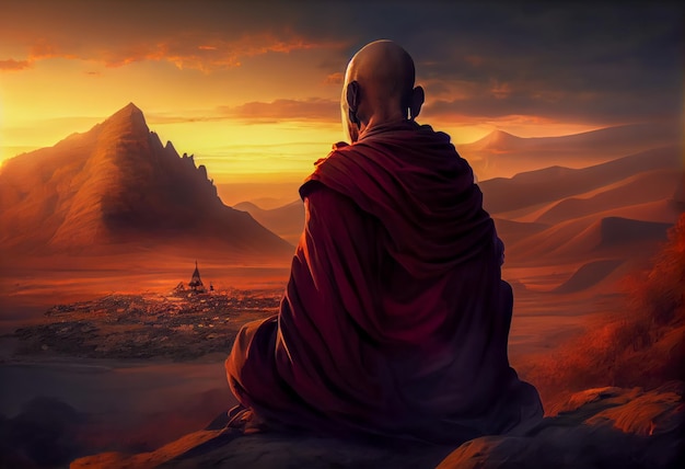 Makha bucha day monk meditating at sunset Ia generative