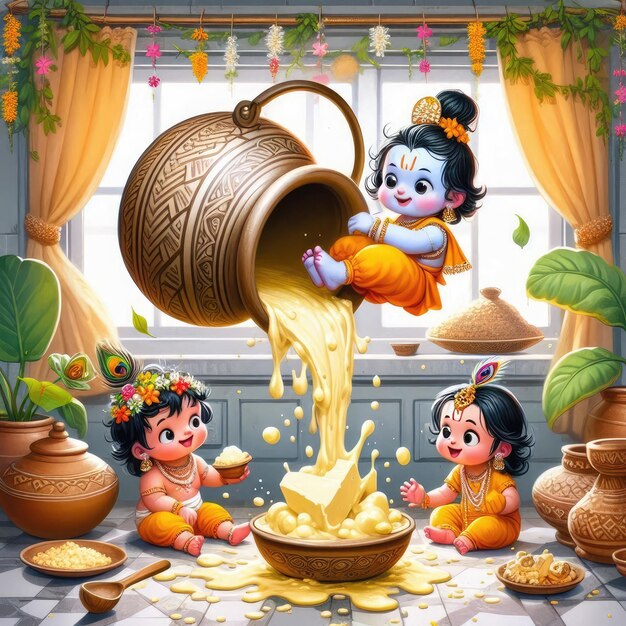 Photo makhan chor krishna little lord krishna is eating makhan