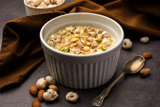 Makhana Kheer - Tasty Indian sweet made using Roasted foxnuts or puffed lotus seeds or makhane, milk and sugar