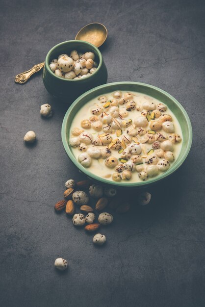 Makhana Kheer - Tasty Indian sweet made using Roasted foxnuts or puffed lotus seeds or makhane, milk and sugar