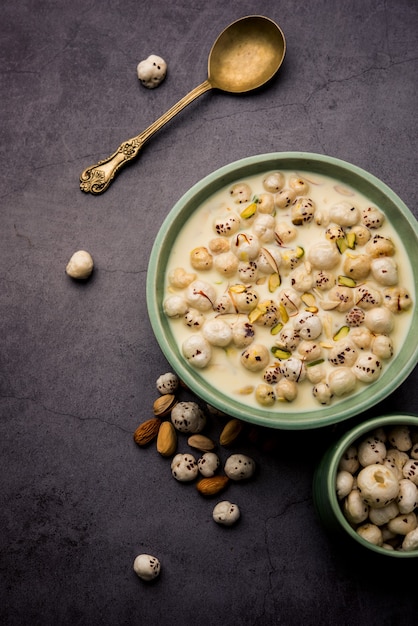 Makhana Kheer - Tasty Indian sweet made using Roasted foxnuts or puffed lotus seeds or makhane, milk and sugar