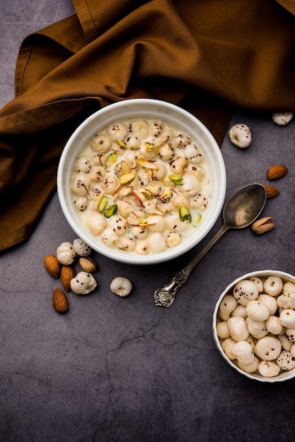 Makhana Kheer - Tasty Indian sweet made using Roasted foxnuts or puffed lotus seeds or makhane, milk and sugar