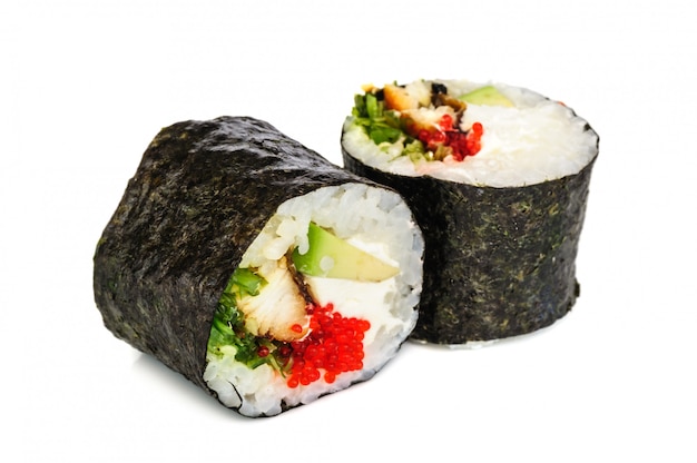 Maki sushi, two rolls isolated on white