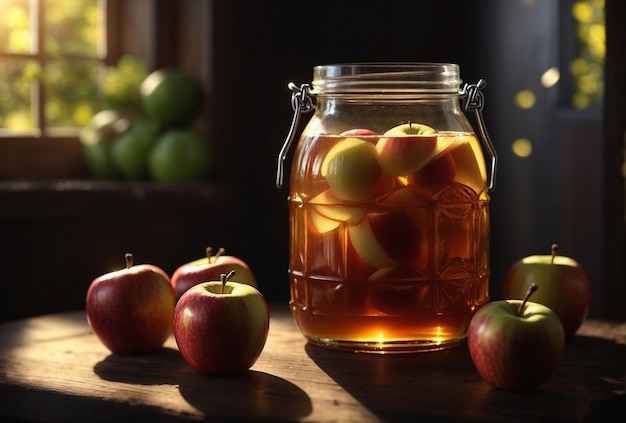 Making apple cider vinegar jar with apples on the table