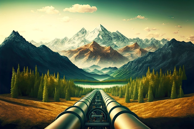 Making gas pipeline through forest against backdrop of mountains