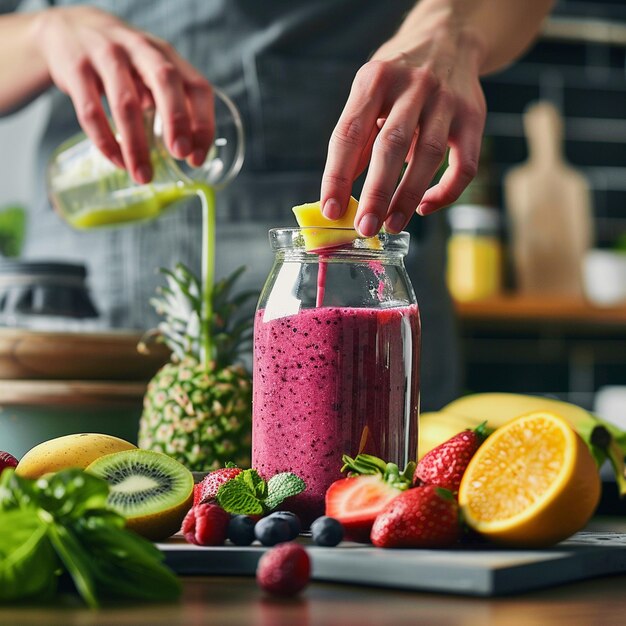 Photo making a healthy smoothie with fresh ingredients in a modern kitchen