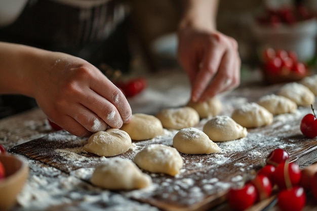 Making heart shaped dumplings with cherries on the table