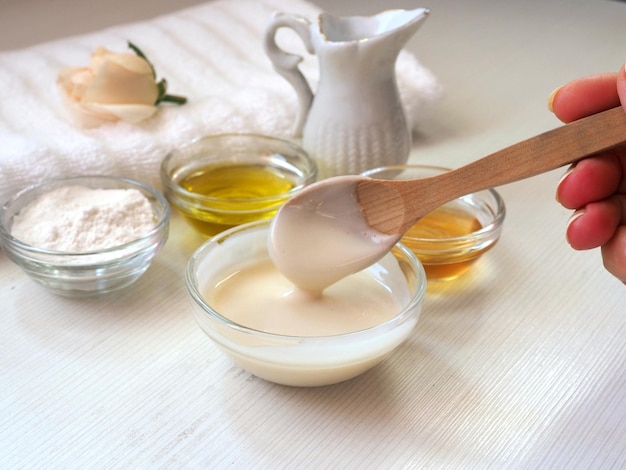 Making a homemade rice flour face mask