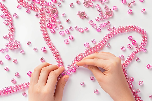 Photo making pink beaded necklace hands