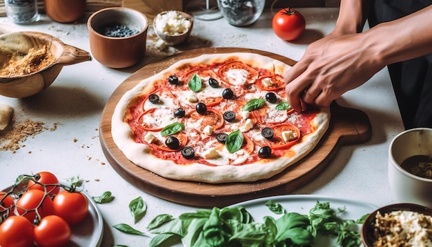 Making pizza with mozzarella tomatoes and basil on the table