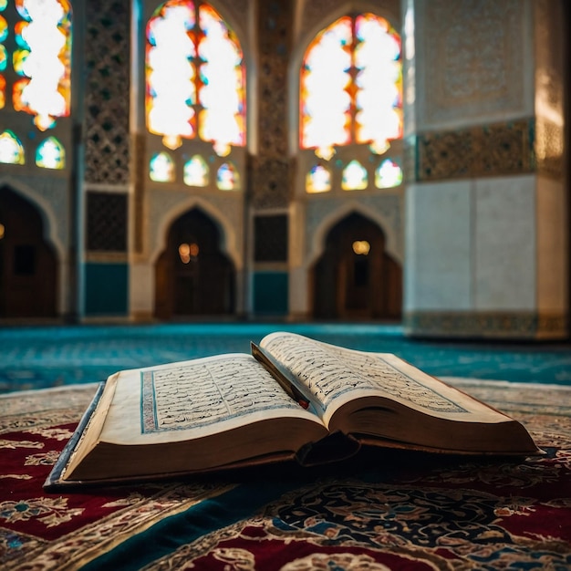 Malacca Malaysia August 14 2017 Closeup an opening Koran book in the mosque Panoramic view