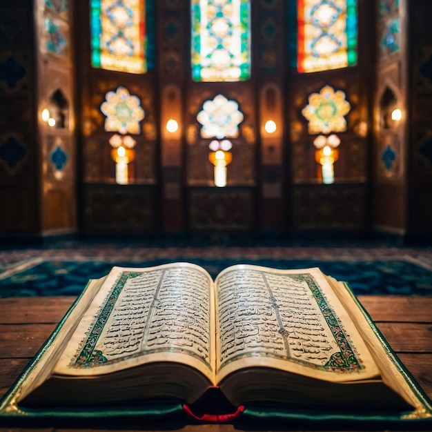 Malacca Malaysia August 14 2017 Closeup an opening Koran book in the mosque Panoramic view