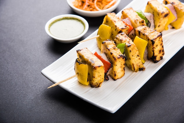 Malai Paneer Tikka Kabab  is an Indian dish made from chunks of cottage cheese