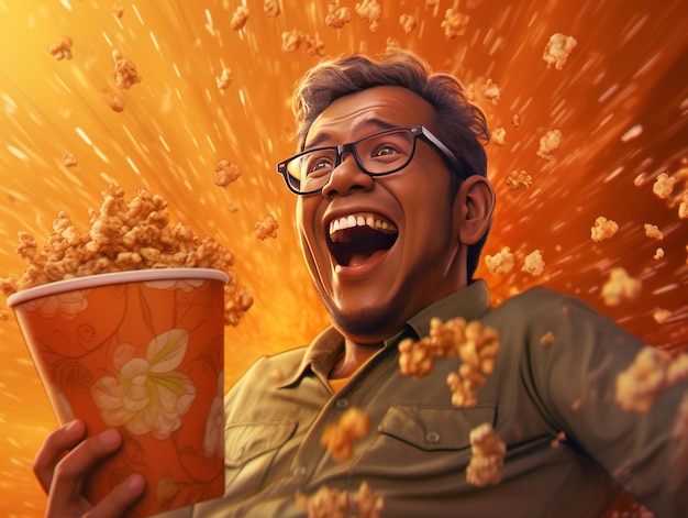 a Malay man enjoying a moment of laughter while eating popcorn