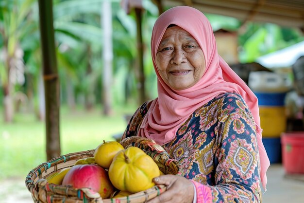 Malay Muslim woman smiling holding basket made of weaving bamboo full of local fruits