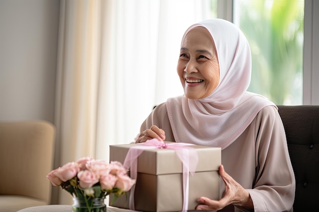 malay senior woman holding gift box