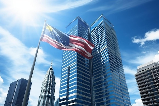 Malaysia flag d rendering on blue sky building background