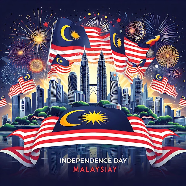 Malaysia Independence Day illustrations with flag and fireworks