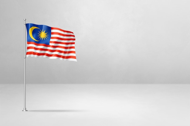 Malaysian flag isolated on white concrete wall background