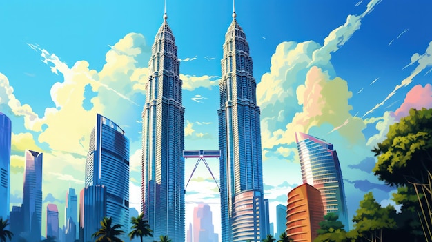 Photo malaysian twin tower poster in the sunny day with blue sky view