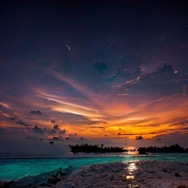 Maldives luxurious beach with goats and glasses of wine with epic sunset, digital illustration AI