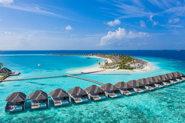 Maldives paradise luxury beach Tropical aerial travel landscape seascape long pier water villas