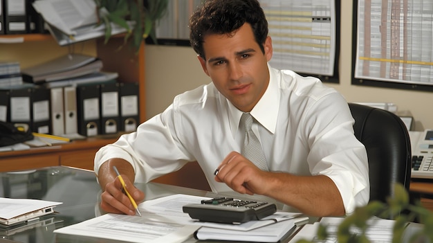 Male accountant working at a desk with purchase orders and ledger book office setting