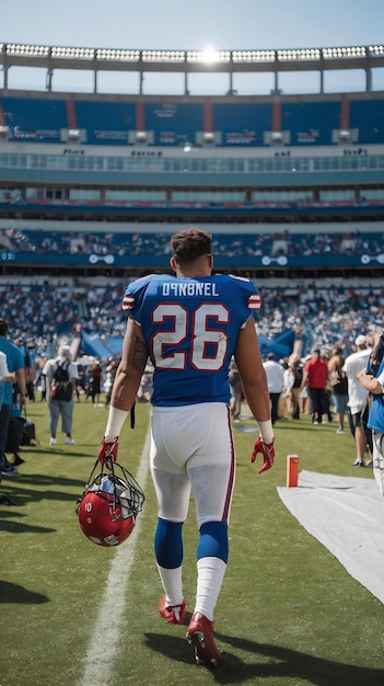 Male American Football Player Walking in Front of a Big Outdoors Stadium with Fans with His Back Tu