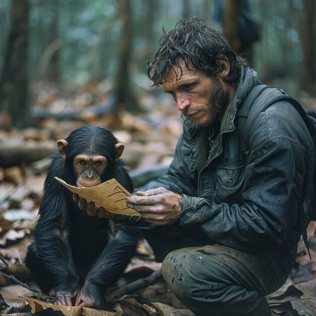 Male anthropologist studying the social structure of chimpanzees in the wild