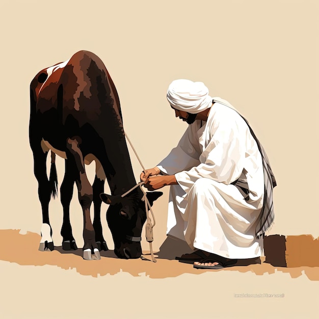 a male arab man in traditional robes is grooming a cow in the style of minimalist imagery