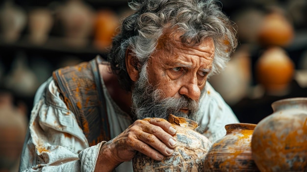 Male archeologist carefully restoring a broken piece of pottery