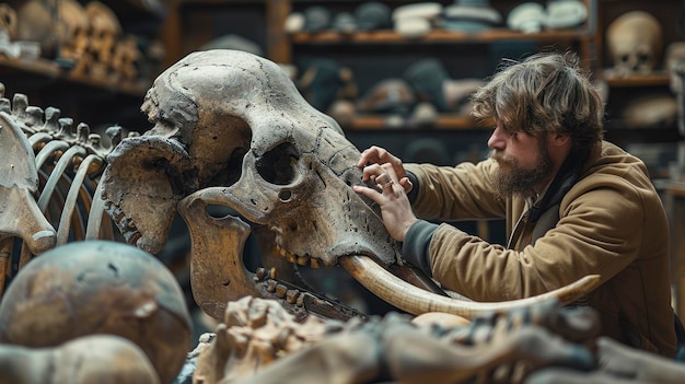 Male archeologist examining the skeletal remains of a woolly mammoth