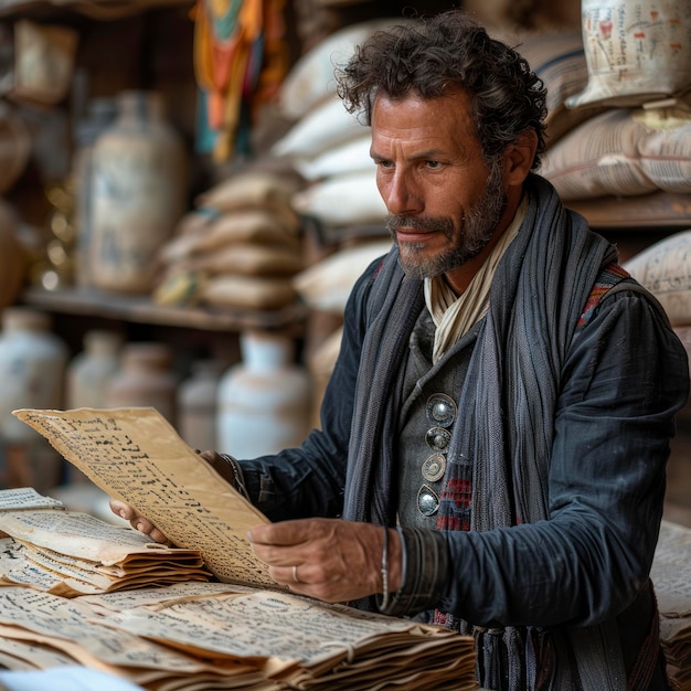 Male archeologist studying the development of writing systems in ancient cultures