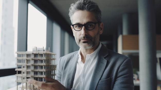 A male architect holding building model in office Generative AI AIG21