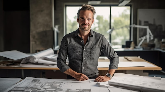 Photo male architect stands in an office in front of a desk with various architectural projects