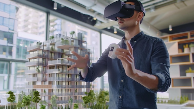 Male architect uses VR headset and wireless controller