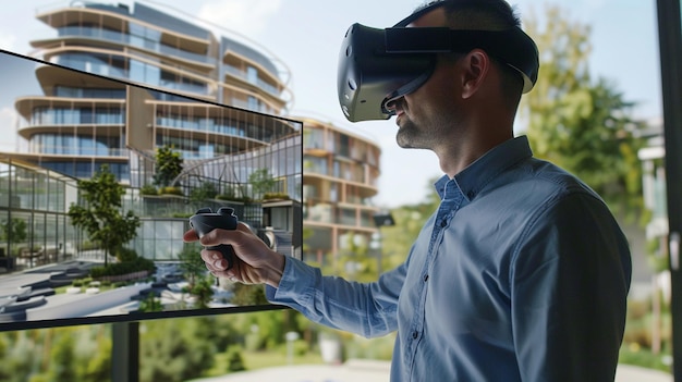 Male architect uses VR headset and wireless controller