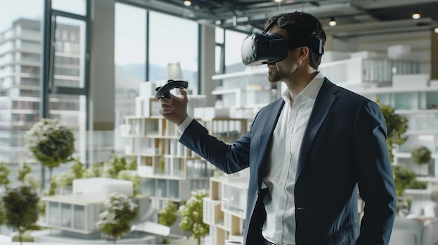 Male architect uses VR headset and wireless controller