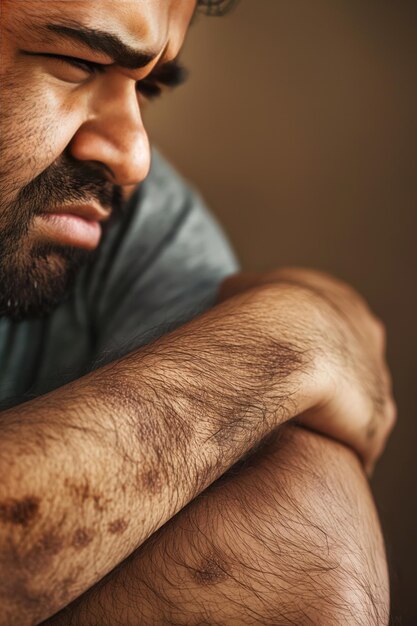 Male arm shows eczema symptoms with dark hair skin spots and dry itchy patches Closeup view of