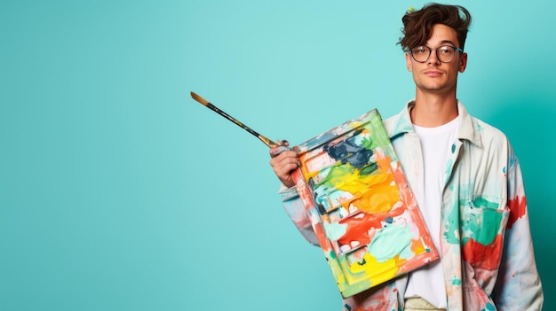 Male artist wearing paintsplattered clothes and holding a color palette